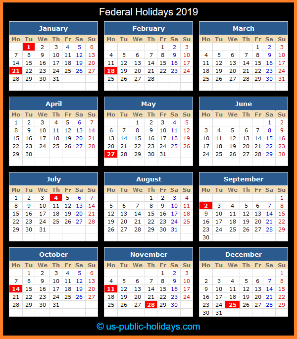 Federal Holiday Calendar 2019